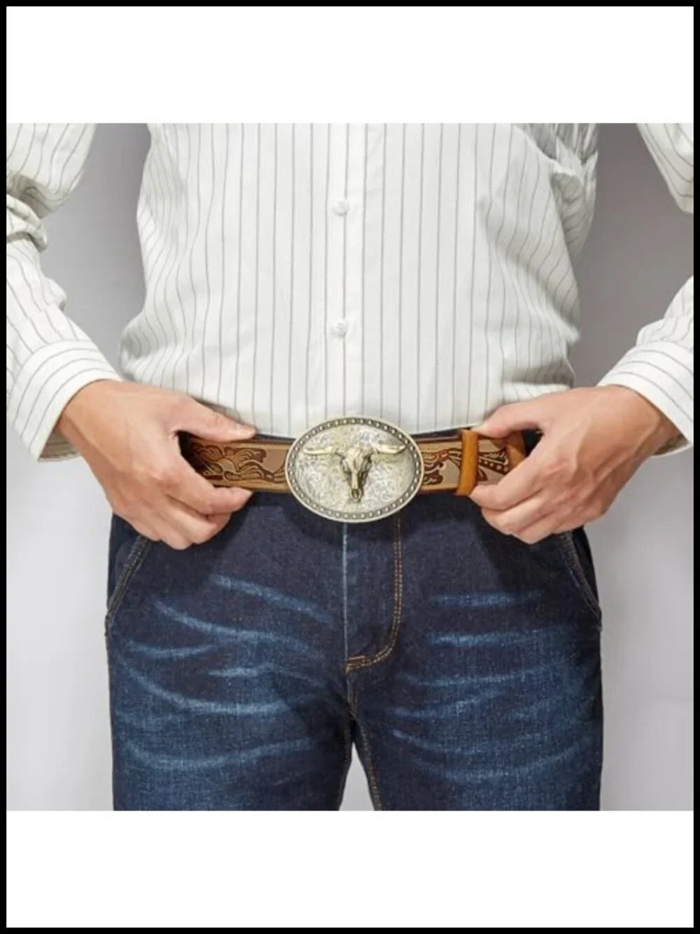 Western Cowboy Leather Belt with Embossed Pattern & Horn Buckle